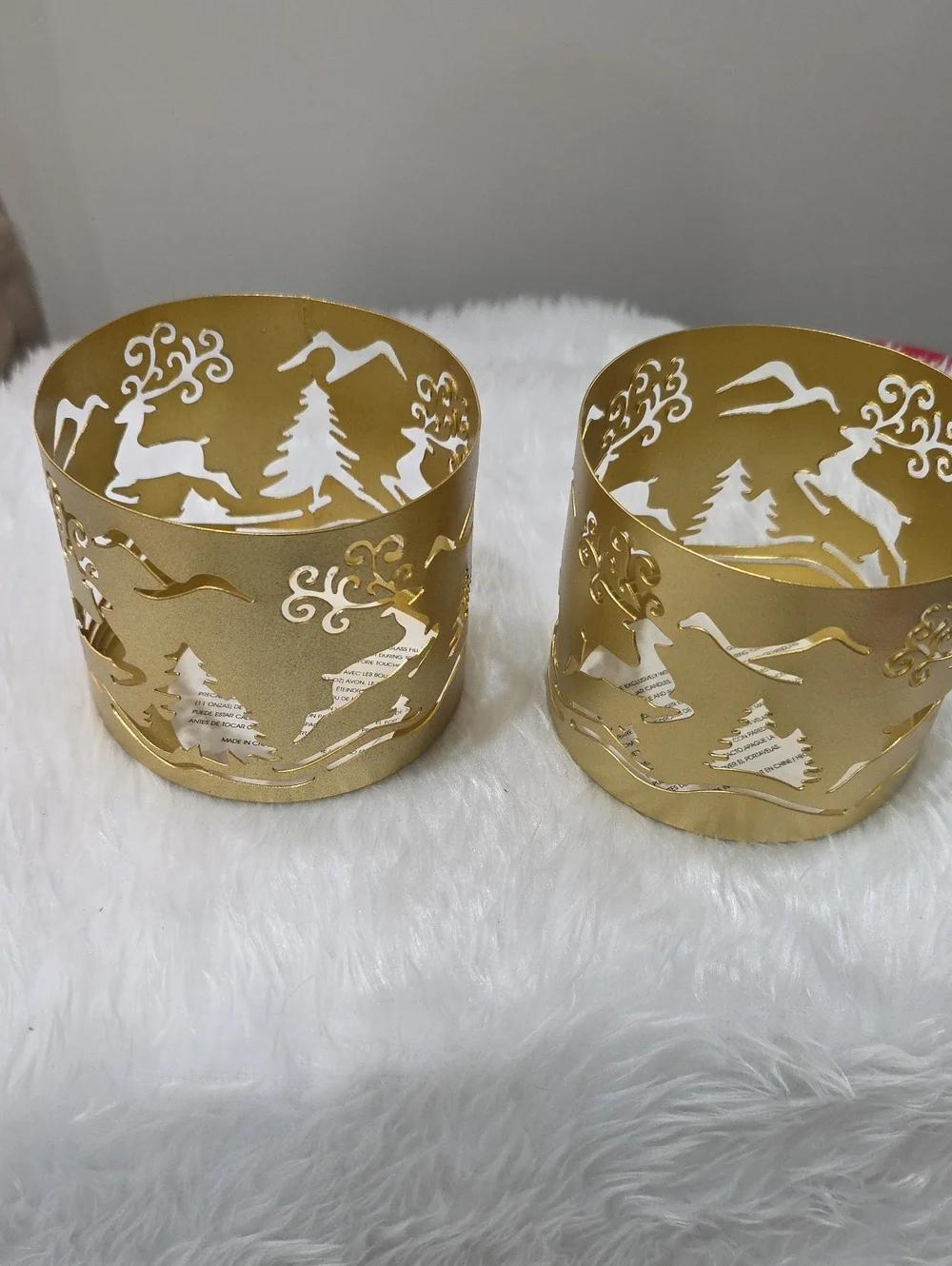 Avon Gold Metal Holiday Tea Light Holders with Reindeer Cutouts - Set of 2